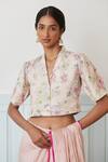 Buy_Surmaye_Off White Handwoven Mulberry Silk Handpainted Floral Shawl Collar Amore Blouse _at_Aza_Fashions