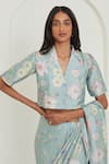 Buy_Surmaye_Green Handwoven Mulberry Silk Handpainted Floral Shawl Amore Pattern Blouse _at_Aza_Fashions