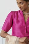 Surmaye_Pink Handwoven Mulberry Silk Plain Shawl Collar Panache Blouse _Online_at_Aza_Fashions