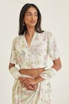 Buy_Surmaye_Ivory Handwoven Mulberry Silk Handpainted Floral Shawl Collar Amore Blouse _at_Aza_Fashions