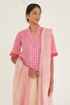 Buy_Surmaye_Pink Handwoven Handloom Cotton Silk Checks Notch Gingham Checkered Shirt Blouse _at_Aza_Fashions