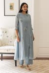 Buy_Vaayu_Blue Muslin Cotton Embroidered Thread Work Round Neck A-line Kurta And Pant Set _at_Aza_Fashions