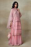 Shop_SHASHA GABA_Pink Cotton, Silk Organza, Muslin Embroidery, Lotus Floral Kurta Skirt Set _Online_at_Aza_Fashions