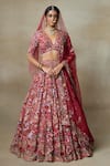 Buy_SHASHA GABA_Red Organza, Chanderi Floral Zardozi Embroidered Bridal Lehenga Set _at_Aza_Fashions