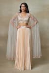 Buy_SHASHA GABA_Beige Skirt Satin Pleated Embroidered Floral Blossom Sheer Set  _Online_at_Aza_Fashions