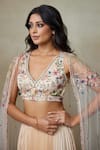 SHASHA GABA_Beige Skirt Satin Pleated Embroidered Floral Blossom Sheer Set  _at_Aza_Fashions