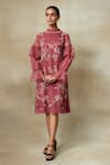 Buy_SHASHA GABA_Wine Silk Organza Embroidery, Sequins, Beads High Layered Frill Sleeve Dress _at_Aza_Fashions