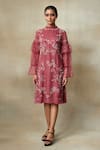 SHASHA GABA_Wine Silk Organza Embroidery, Sequins, Beads High Layered Frill Sleeve Dress _Online_at_Aza_Fashions