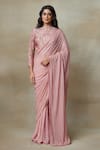 Buy_SHASHA GABA_Pink Chanderi Hand Embroidered Floral V Neck Sequin Saree With Blouse  _at_Aza_Fashions