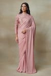 SHASHA GABA_Pink Chanderi Hand Embroidered Floral V Neck Sequin Saree With Blouse  _at_Aza_Fashions