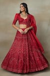 SHASHA GABA_Red Silk Organza, Canvas Stones, Embroidery, Swarovski Bridal Lehenga Set _at_Aza_Fashions
