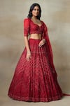 Buy_SHASHA GABA_Red Silk Organza, Canvas Stones, Embroidery, Swarovski Bridal Lehenga Set 