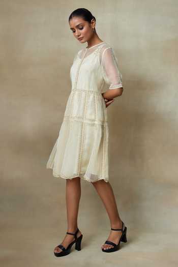 SHASHA GABA_Ivory Silk Organza Beads, Embroidery Crew Neck Dress _Online_at_Aza_Fashions