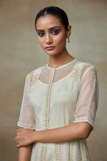 Buy_SHASHA GABA_Ivory Silk Organza Beads, Embroidery Crew Neck Dress _Online_at_Aza_Fashions