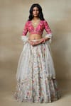 Buy_SHASHA GABA_Grey Chamundi Silk Embroidered Floral Blunt V Bridal Lehenga Set 