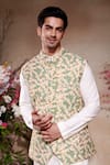 SHASHA GABA_Green Silk Embroidery Floral Print Nehru Jacket _Online_at_Aza_Fashions