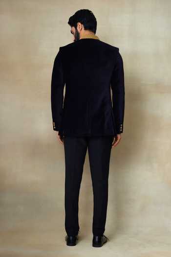 Shop_SHASHA GABA_Black Silk Embroidery, Pearls Zari Embellished Collar Bandhgala _at_Aza_Fashions