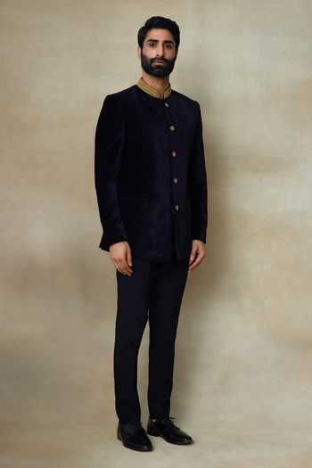 SHASHA GABA_Black Silk Embroidery, Pearls Zari Embellished Collar Bandhgala _Online_at_Aza_Fashions