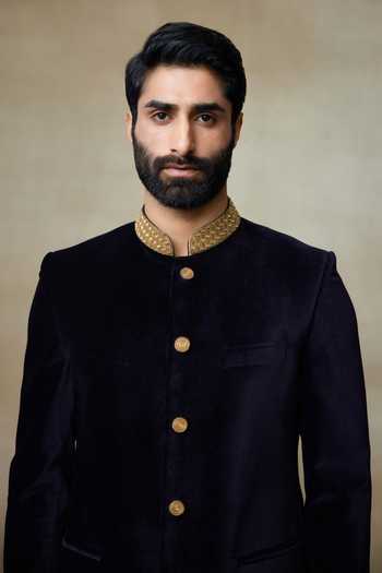 Shop_SHASHA GABA_Black Silk Embroidery, Pearls Zari Embellished Collar Bandhgala _Online_at_Aza_Fashions