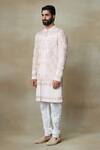 Buy_SHASHA GABA_Pink Silk Hand Embroidered Cut Dana Floral Zari Sherwani _at_Aza_Fashions