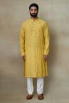 Buy_SHASHA GABA_Yellow Silk Embroidery Mirror Vine Jaal Kurta _at_Aza_Fashions