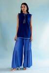 Buy_POOJA SHROFF_Blue Denim Plain Round Neck Tiered Flared Pant _at_Aza_Fashions