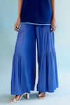 Shop_POOJA SHROFF_Blue Denim Plain Round Neck Tiered Flared Pant _at_Aza_Fashions