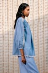 POOJA SHROFF_Blue Denim Plain Round Collar Gathered Puff Sleeve Top _Online_at_Aza_Fashions