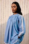 Buy_POOJA SHROFF_Blue Denim Plain Round Collar Gathered Puff Sleeve Top _Online_at_Aza_Fashions