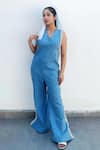 Buy_POOJA SHROFF_Blue Denim Embellished Metallic Trims And Lace Work V Neck Wide Legged Jumpsuit _at_Aza_Fashions