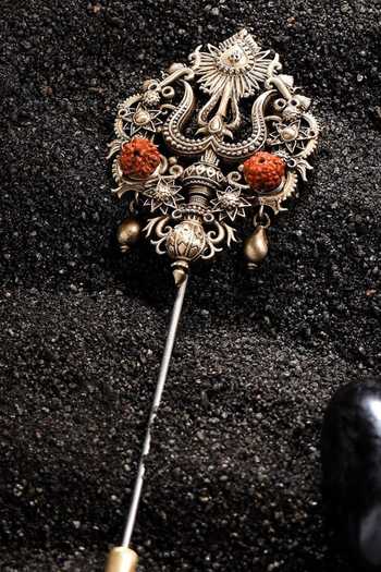 Buy_Cosa Nostraa_Gold Stones, Beads Trishul Carved Lapel Pin With Rudraksh _at_Aza_Fashions