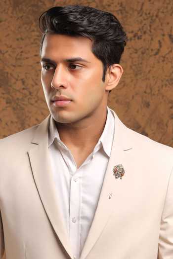Shop_Cosa Nostraa_Gold Stones, Beads Trishul Carved Lapel Pin With Rudraksh _at_Aza_Fashions