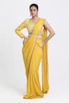 Buy_Nitisha Kashyap Official_Yellow Silk Embroidered Mirrorwork Cut-out Border Pre-draped Saree Set  _at_Aza_Fashions