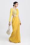 Buy_Nitisha Kashyap Official_Yellow Silk Embroidered Mirrorwork Cut-out Border Pre-draped Saree Set  _Online_at_Aza_Fashions