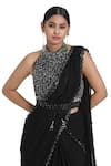 Buy_Nitisha Kashyap Official_Black Silk Pre-draped Saree Set With Sequin Cluster Blouse _Online_at_Aza_Fashions