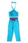 Buy_LIL DRAMA_Blue 100% Cotton Halter Neck 3d Rose Embroidered Top And Pant Set_at_Aza_Fashions