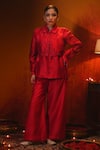 Buy_Midushi Bajoria_Red Silk Chanderi Embroidered Cutdana Collar Shirt And Pant Set _at_Aza_Fashions