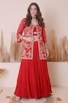 Buy_Surabhi Arya_Red Organza Embroidered Animal Motif Round Jacket Tiered Skirt Set _at_Aza_Fashions