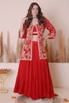 Surabhi Arya_Red Organza Embroidered Animal Motif Round Jacket Tiered Skirt Set _Online_at_Aza_Fashions