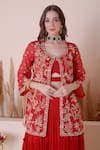 Surabhi Arya_Red Organza Embroidered Animal Motif Round Jacket Tiered Skirt Set _at_Aza_Fashions