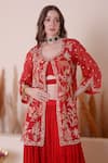 Buy_Surabhi Arya_Red Organza Embroidered Animal Motif Round Jacket Tiered Skirt Set 