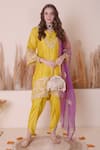 Buy_Surabhi Arya_Yellow Bamberg Silk Embroidered Zari Floral Cutwork Kurta Dhoti Pant Set _at_Aza_Fashions