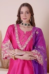 Surabhi Arya_Pink Bamberg Silk Embroidered Zari Floral And Gota Work Kurta Dhoti Pant Set _Online_at_Aza_Fashions