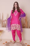 Surabhi Arya_Pink Bamberg Silk Embroidered Floral And Gota Work Kurta Dhoti Pant Set _at_Aza_Fashions
