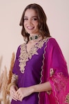 Buy_Surabhi Arya_Purple Bamberg Silk Embroidered Sequin V Floral Cutwork Kurta Dhoti Pant Set _Online_at_Aza_Fashions