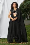 Buy_Pooja Bagaria_Black Shirt And Skirt Natural Crepe Front Placket Draped & Dhoti Set  _at_Aza_Fashions