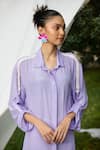 Pooja Bagaria_Purple Natural Crepe Embellished Pearl Collared Shoulder Shirt Kurta  _Online_at_Aza_Fashions