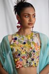 Buy_Pooja Bagaria_Blue Organza Hand Embroidered Thread High Botanical Floral Blouse  _at_Aza_Fashions