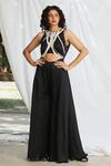 Buy_Pooja Bagaria_Black Satin Linen Embellished Pearl Strands Round Neck Cut Out Jumpsuit _at_Aza_Fashions