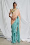 Buy_Pooja Bagaria_Blue Bemberg Satin Scallop Border Saree With Floral Embroidered Blouse  _at_Aza_Fashions